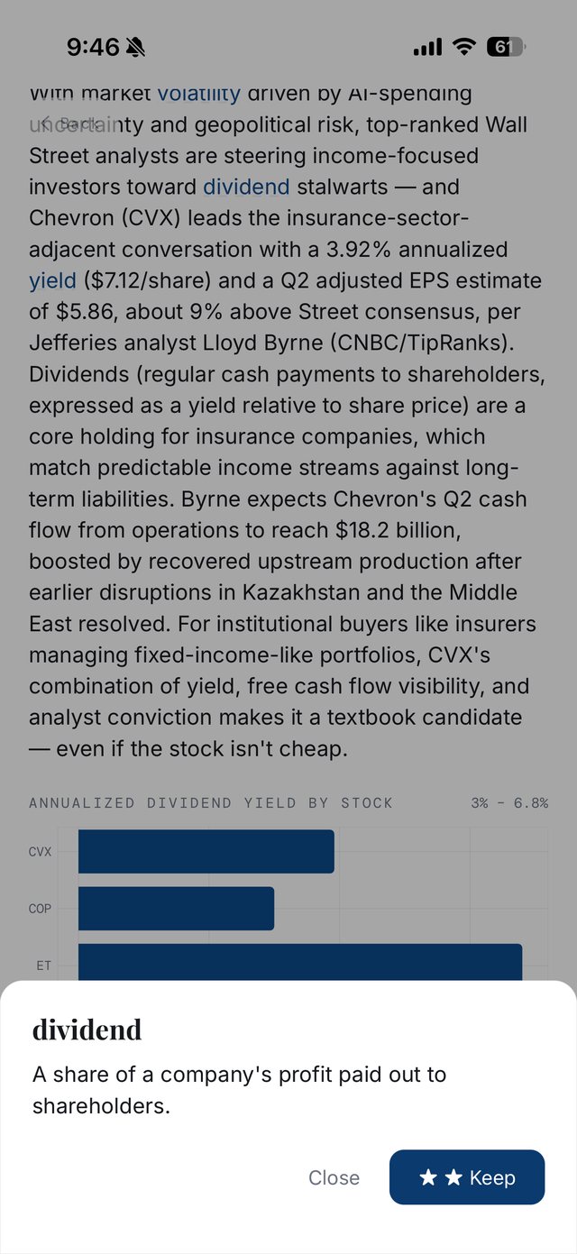 Tapping a highlighted term in a story opens a definition with a Keep button