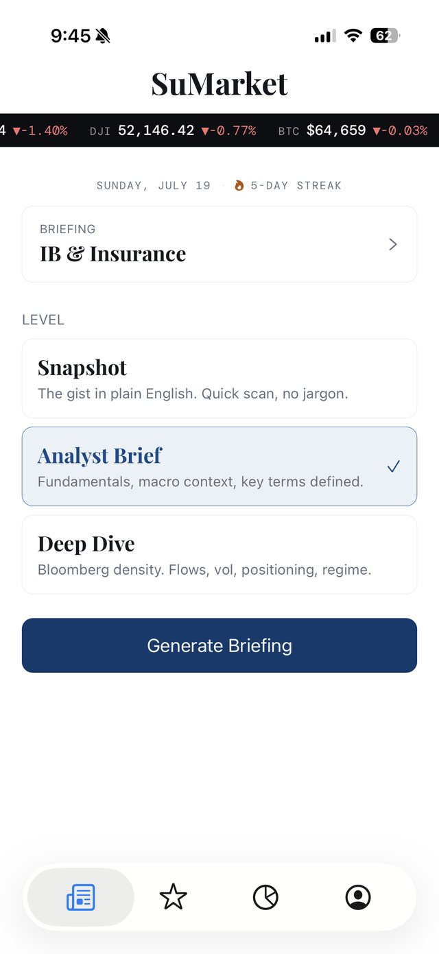 SuMarket home screen: choose a sector and reading depth