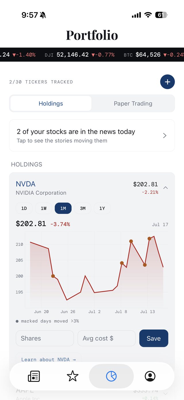 SuMarket Portfolio with a holding's price chart