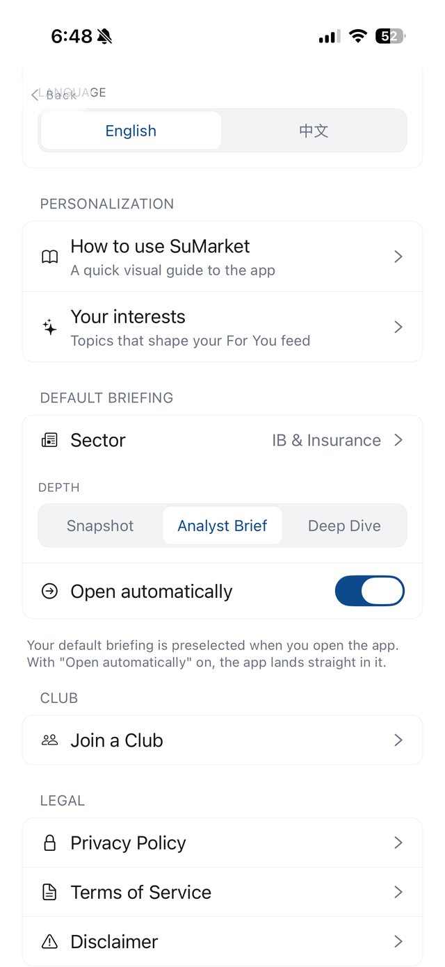 SuMarket Settings: default briefing, language, and interests