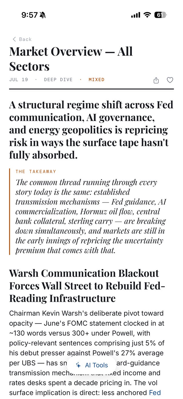 A SuMarket briefing with a headline thesis and 'The Takeaway' pull-quote