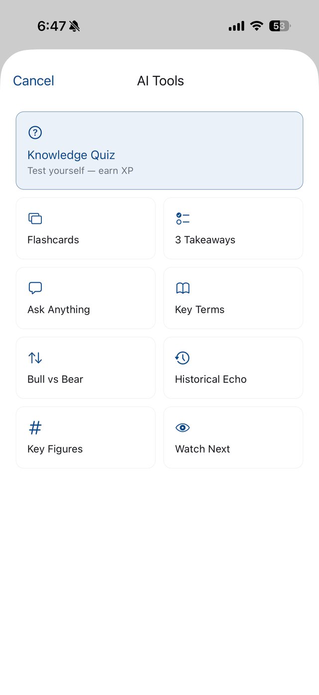 SuMarket AI Tools grid: Knowledge Quiz, Flashcards, Key Terms and more