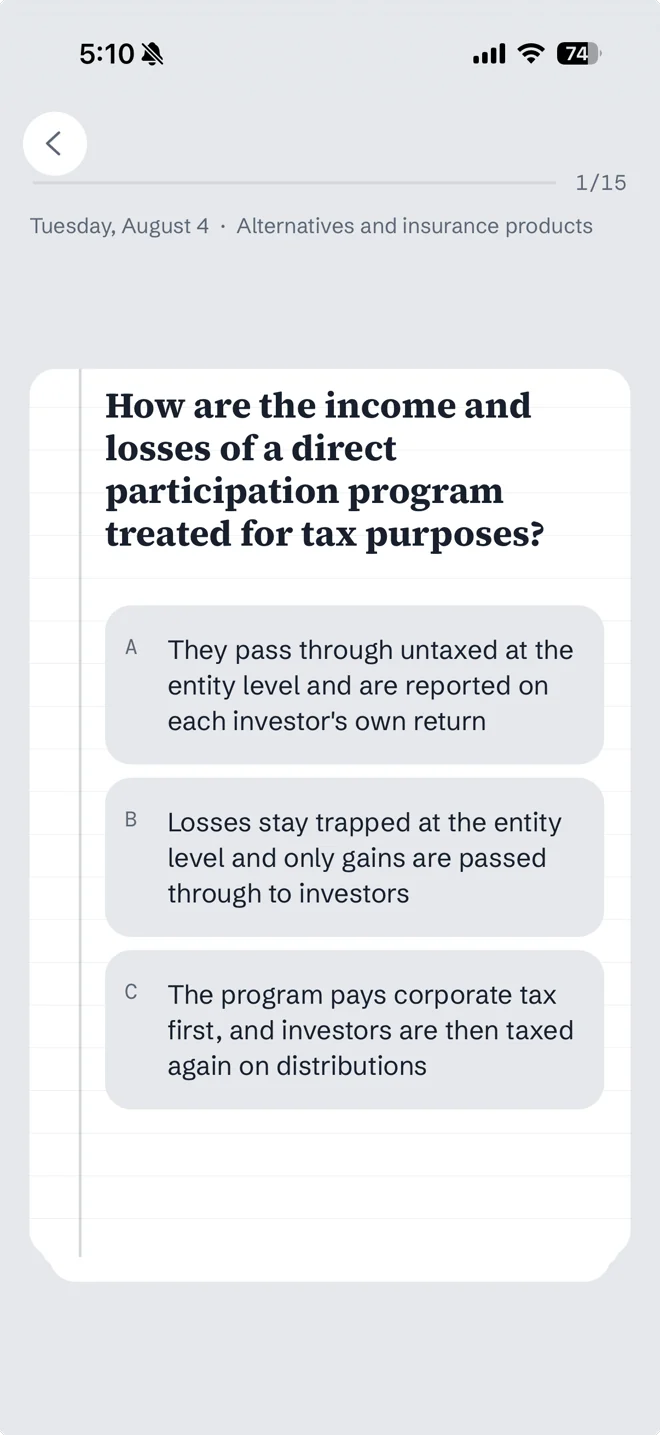 A SuMarket practice question with three answer options