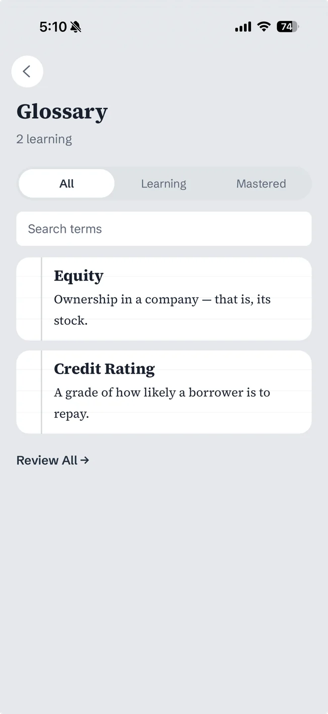 The SuMarket glossary, showing saved terms and their definitions