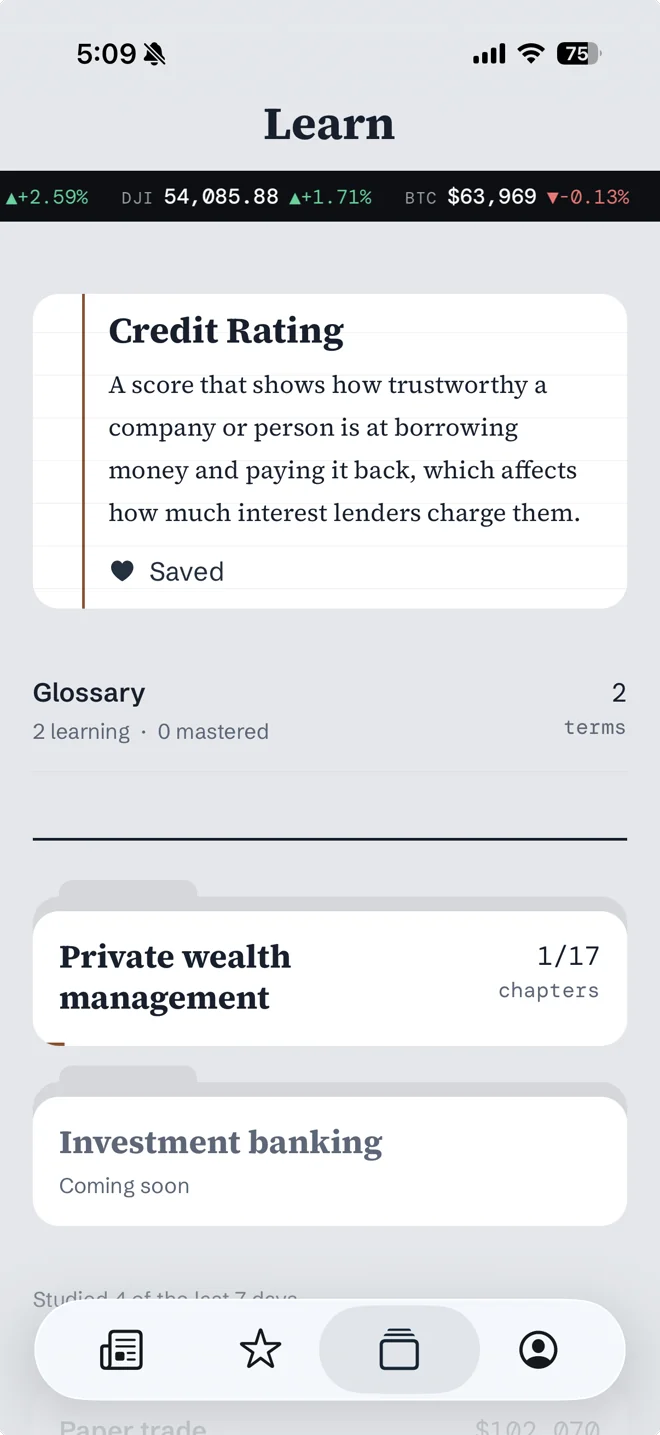 The SuMarket Learn screen, showing a term of the day and course chapters